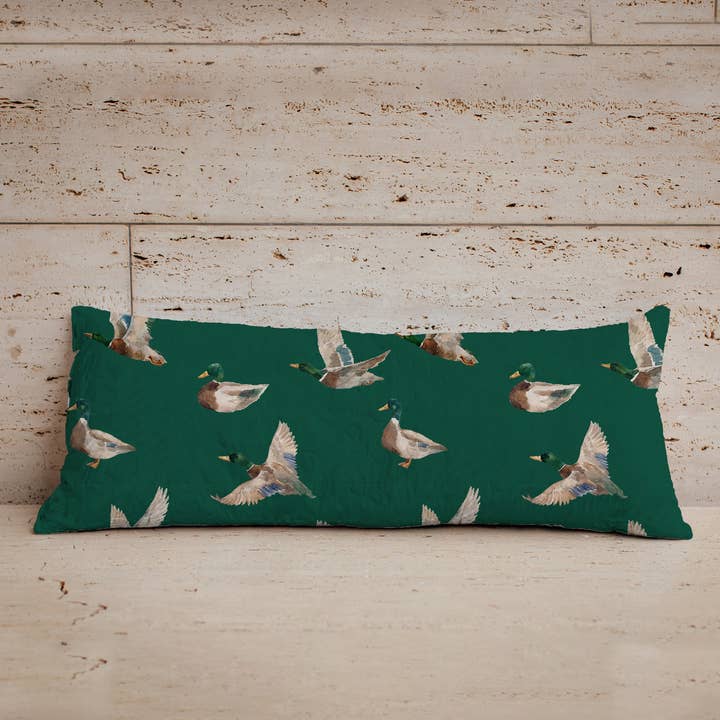 Mallory Ducks Green Quilted Oblong 14" x33" Pillow for wholesale by Ida Mae Home