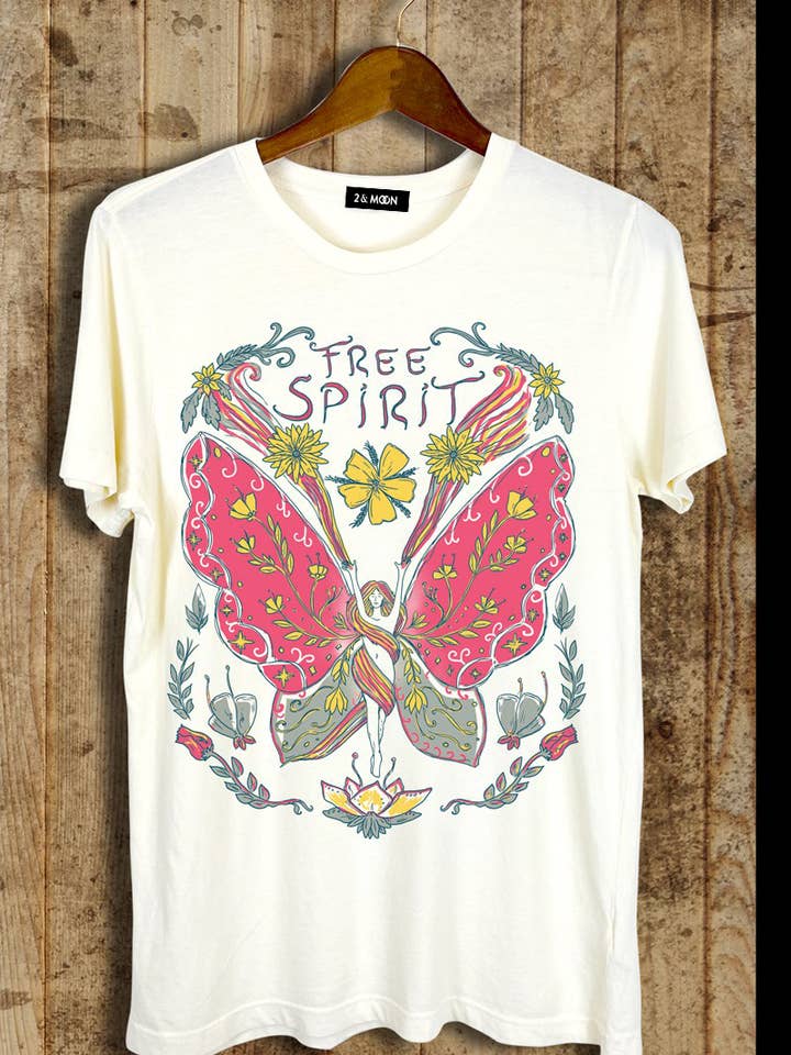 2&moon - Wholesale Screen printed t-shirt – Women′s - Giving Butterfly Free Spirit Graphic Tee.1