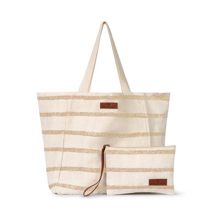 Jumbie Stripe Beach Bag And Purse Set In Beige And White for wholesale by Seaspray Swimwear