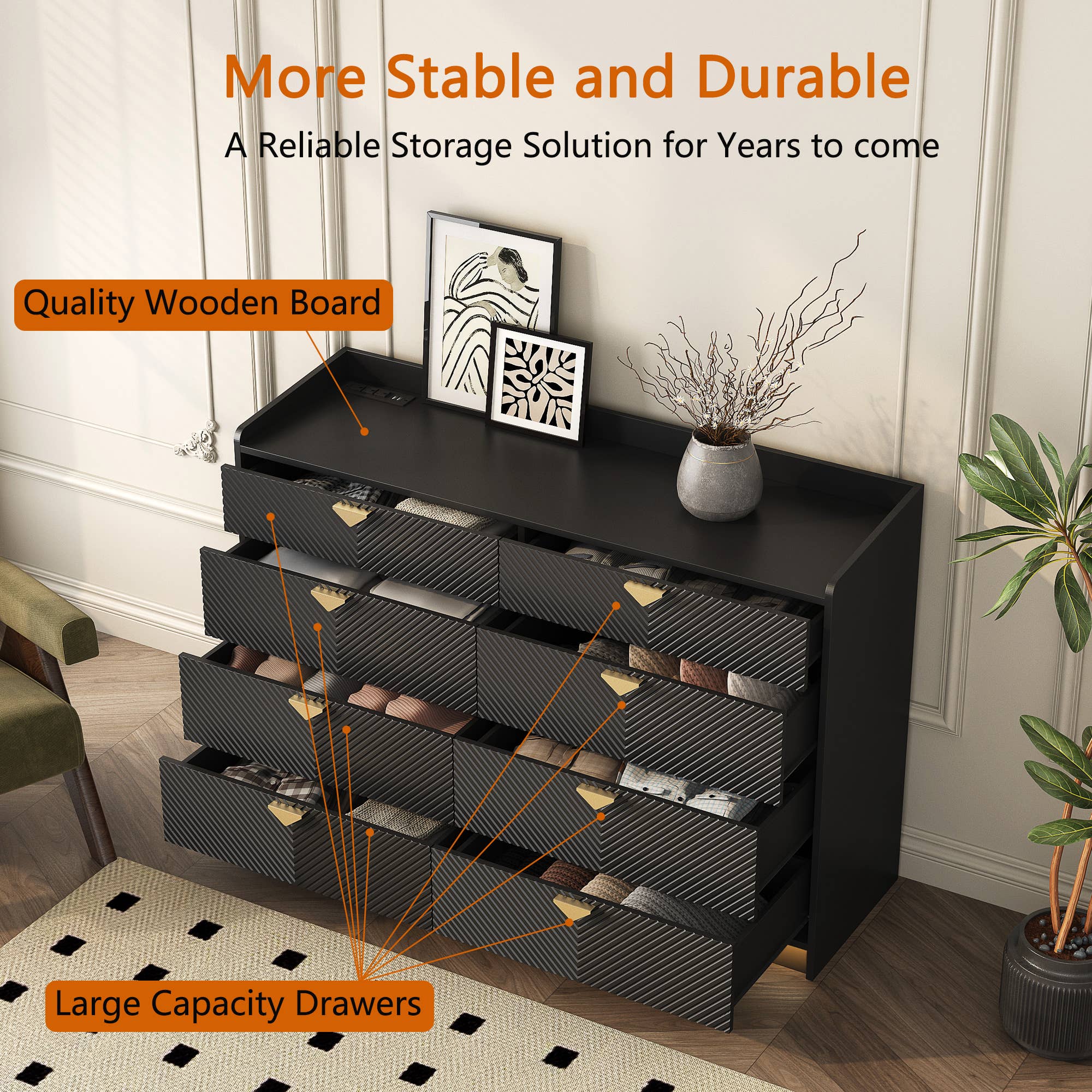 39F Inc. - Wholesale Cabinet - 8-Drawer Dresser with LED, Fluted Panel, Black8