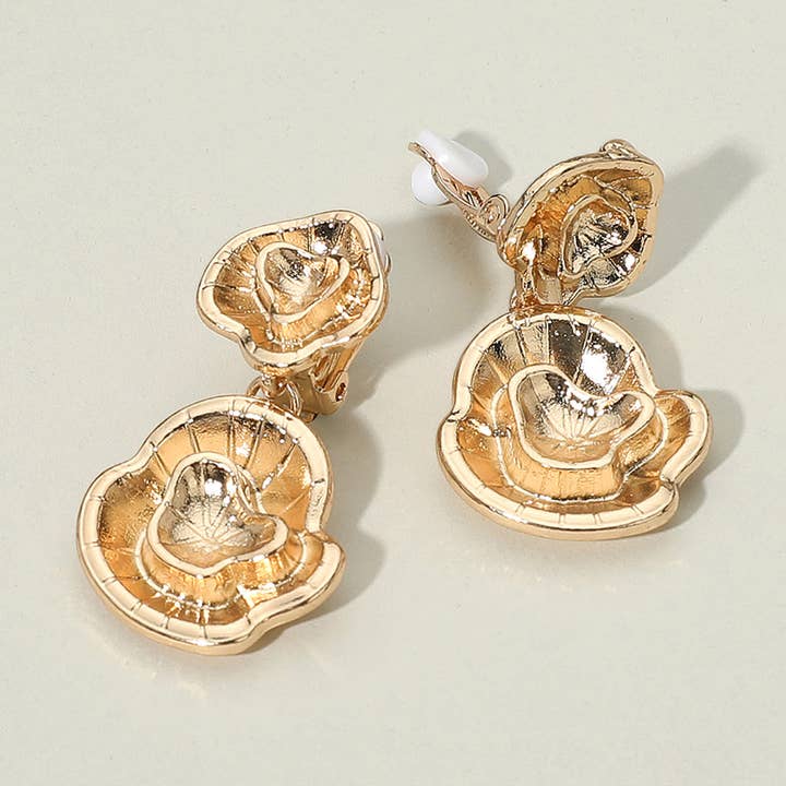 Textured Metal Layered Floral Drop Clip On Earrings for wholesale by Sensibling Corp.