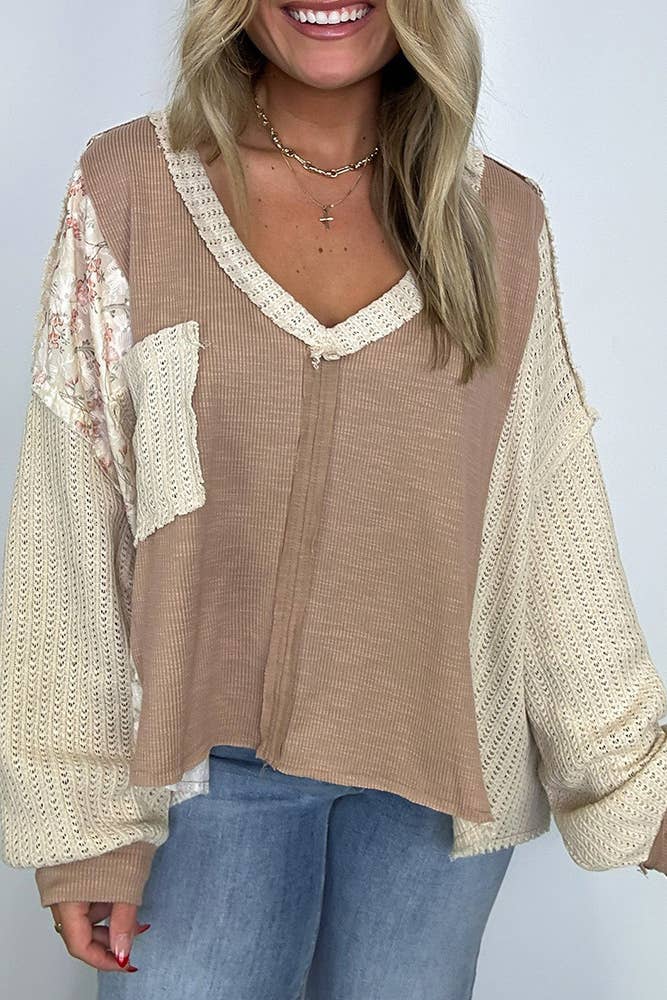 UNISHE - Wholesale Blouse - Women's - Floral Waffle Knit Color Block Pullover Top CY1635