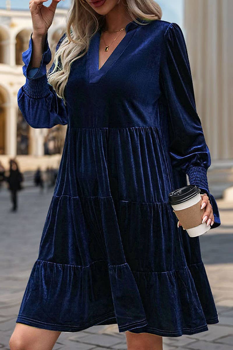 NINEXIS - Wholesale Dress - Women's - CWDMD3552_V-NECK LONG-SLEEVED SOLID COLOR VELVET DRESS9