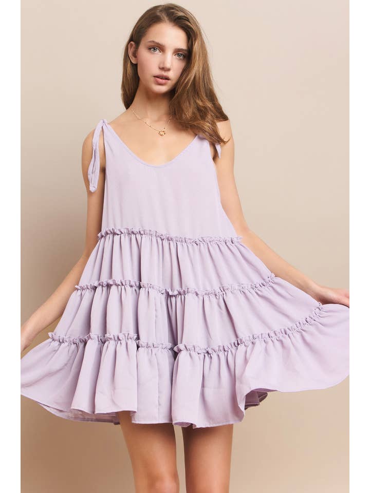 WISTERIA LANE - Wholesale Dress - Women's - BOHO TEXTURED CREPE TIERED BABYDOLL DRESS - 3115 LAVENDER
