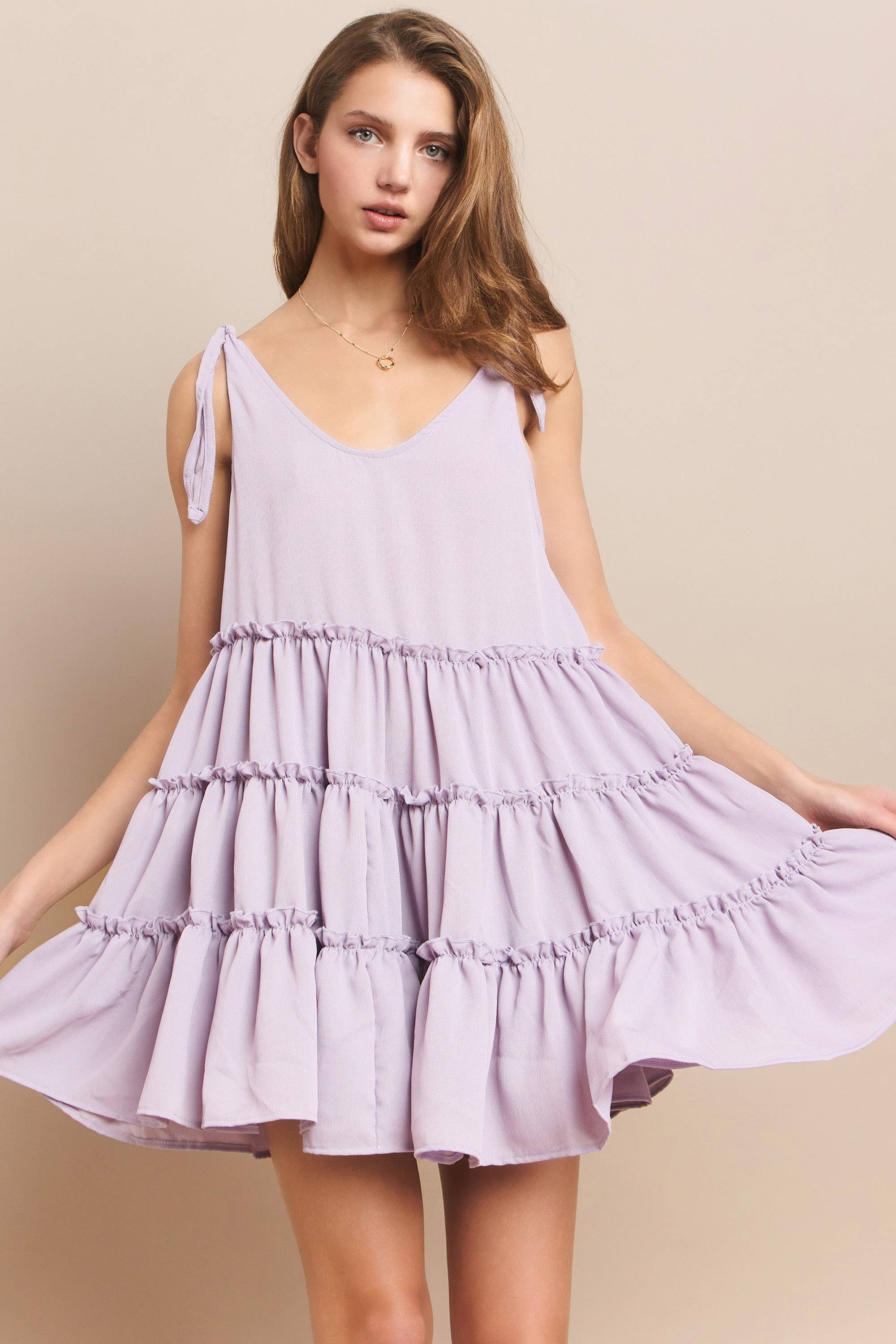WISTERIA LANE - Wholesale Dress - Women's - BOHO TEXTURED CREPE TIERED BABYDOLL DRESS - 3115 LAVENDER
