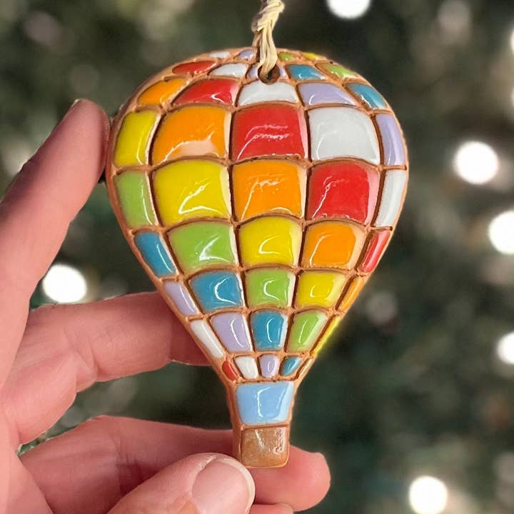 Quilted Rainbow Hot Air Balloon Artisanally Crafted Ornament for wholesale by Little Clay Hen