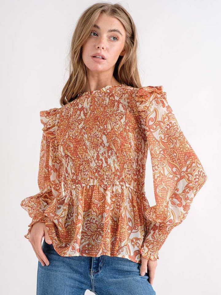 Rust Floral Top With Long Sleeve for wholesale on Faire2