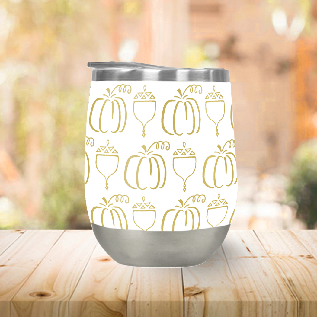Lauren Ullrich Art - Wholesale Insulated Mug/Tumbler - Gold Pumpkin & Acorn Wine Tumbler1