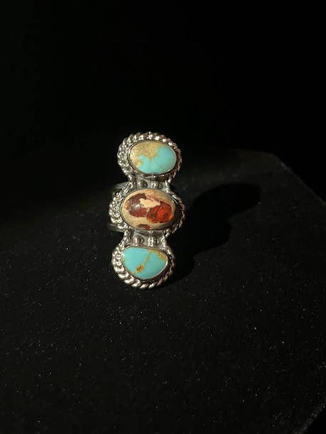 Fire Opal & Sonoran Turquoise | Three Stone Ring for wholesale by Regul Silver