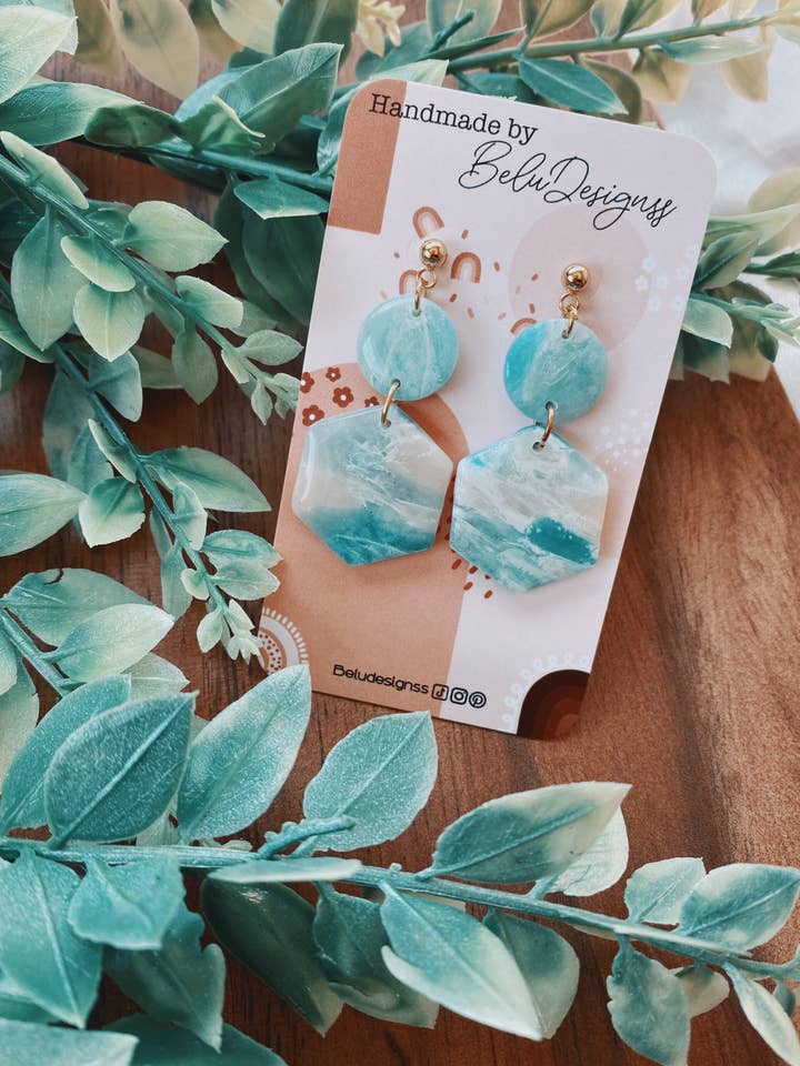 Light Blue-Ocean Vibes-Marble- Translucent- Polymer Clay Earrings for wholesale by Belu Designss