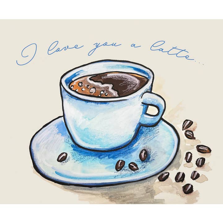 Love you Latte Card - San Valentino, caffè, acquerello per la vendita all'ingrosso da parte di Kerry Quinn's Kitsch
