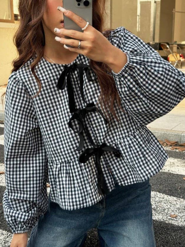 Chic Bow Tie Gingham Checker Ruffled Blouse for wholesale by Rosa Clothing