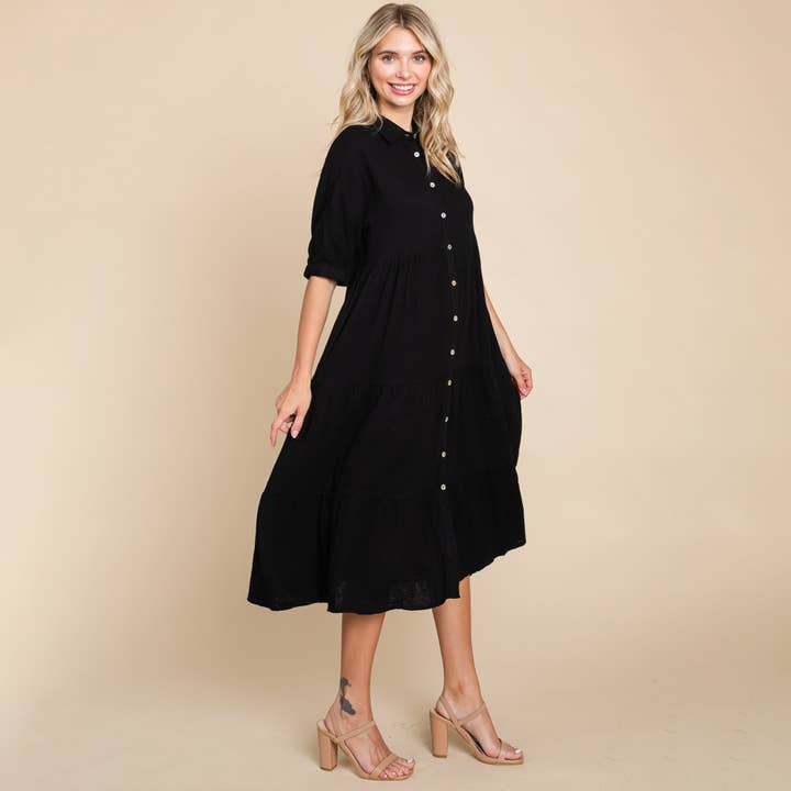 ROLYPOLY - Wholesale Dress - Women's - Tiered Double Gauze Cotton Midi Shirt Dress4