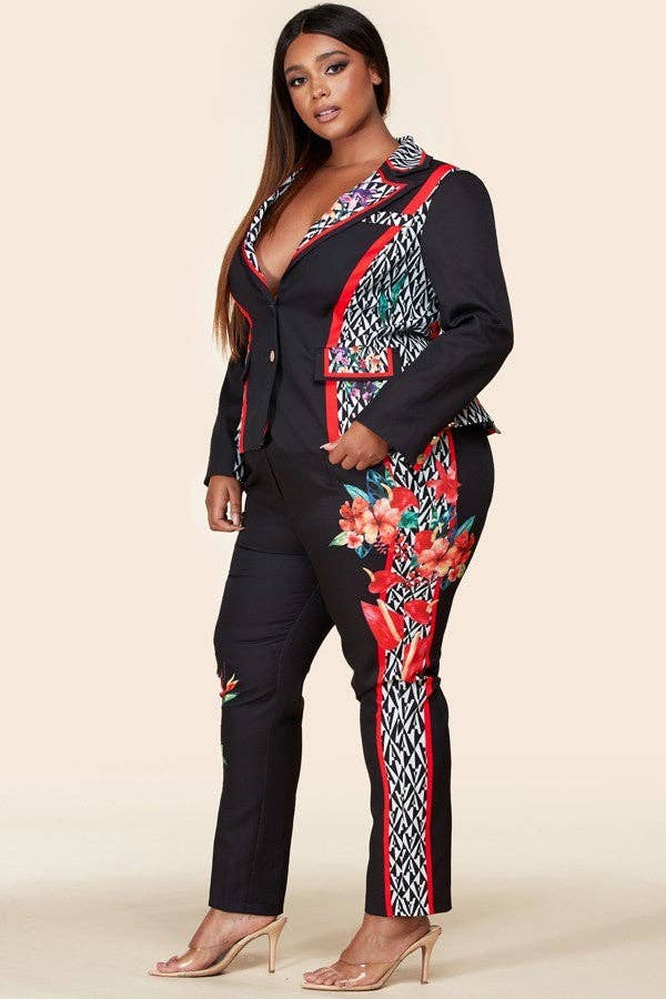 Plus-Size Black Flower Blazer Pant Suit Set for wholesale on Faire1