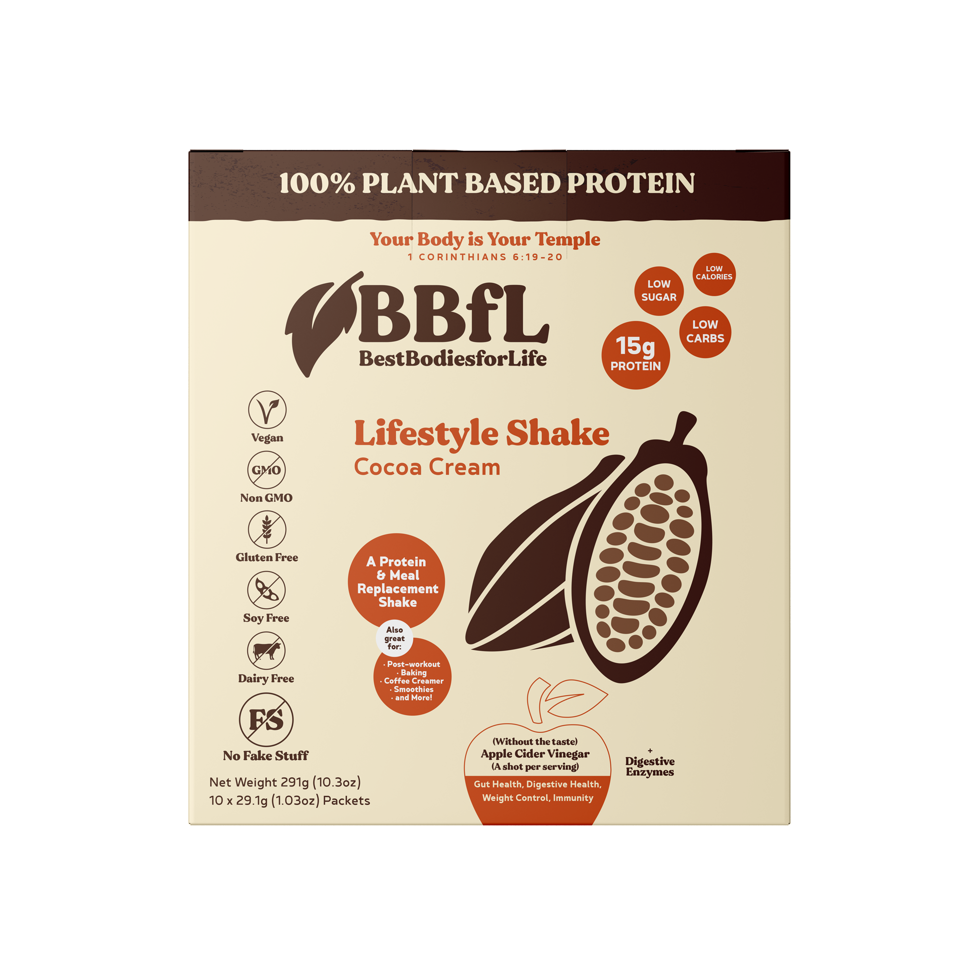 BestBodiesforLife Corp. - Wholesale Protein/Superfood Powder - 100% Plant Based Cocoa - 10 Pack Box1