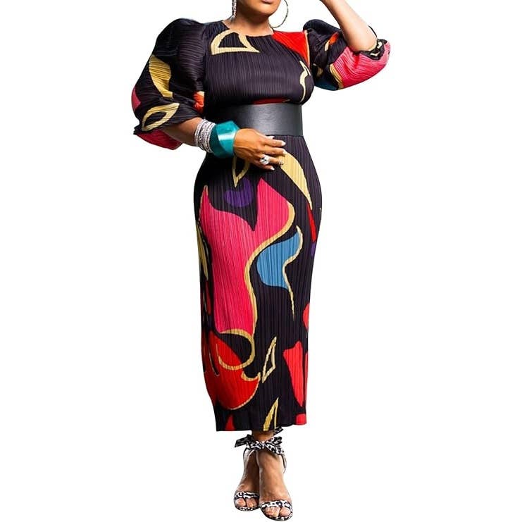 DORCAS – Großhandel Kleid – Damen – Buntes Maxikleid mit Puffärmeln und Faltenrock1