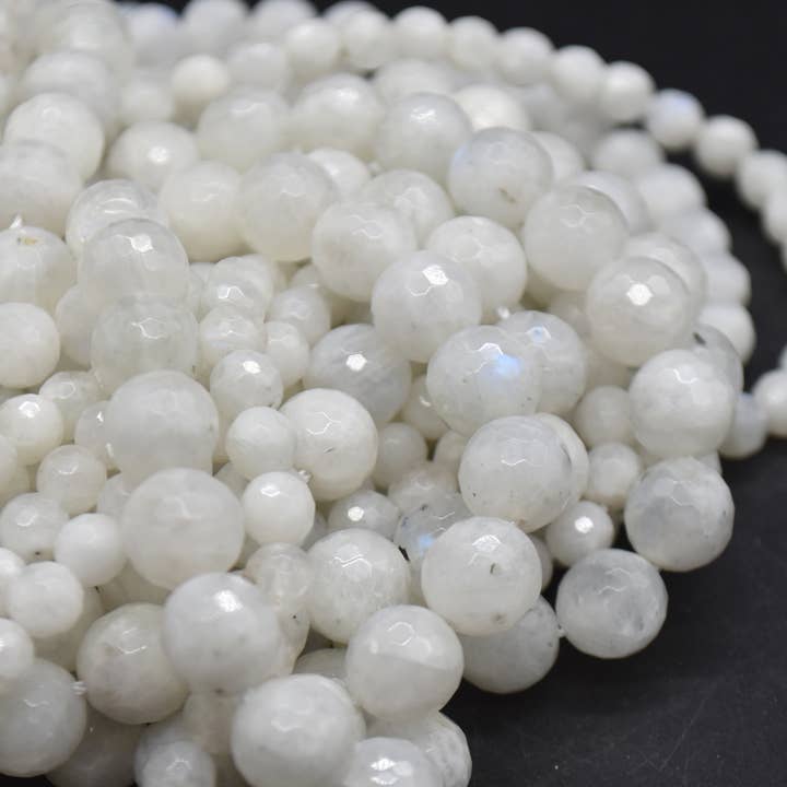 Grade A Natural Rainbow Moonstone Faceted Round Beads for wholesale by Oriental Direct Craft Supplies