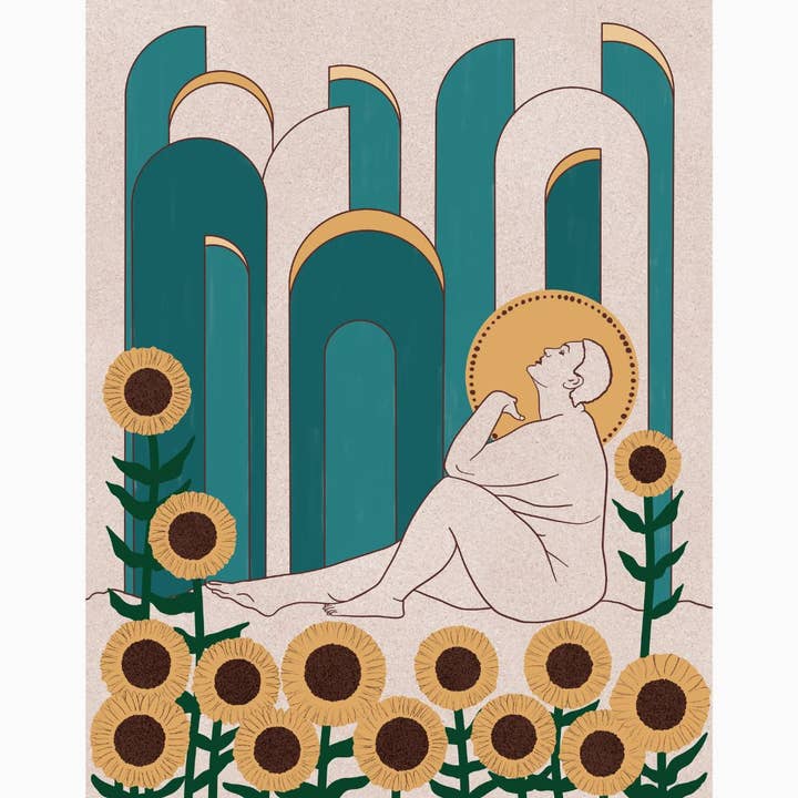Bodies are Beautiful Collection: Art Deco Frau mit Sonnenblumen Giclée-Kunstdruck für den Großhandel von Brittany Bouyer
