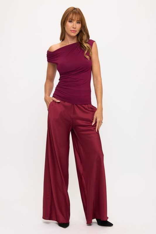 Burgundy Made in USA Satin Pants w/ Elastic Waist and Pockets for wholesale on Faire4