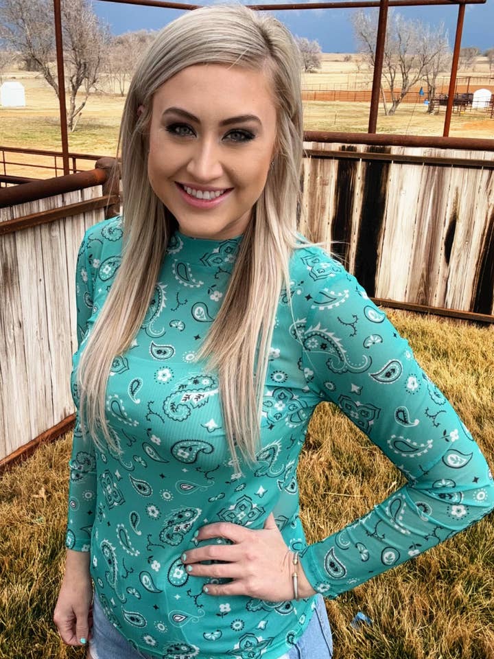 Bandana Babe Mesh Top Turquoise voor wholesale door Sterling Kreek
