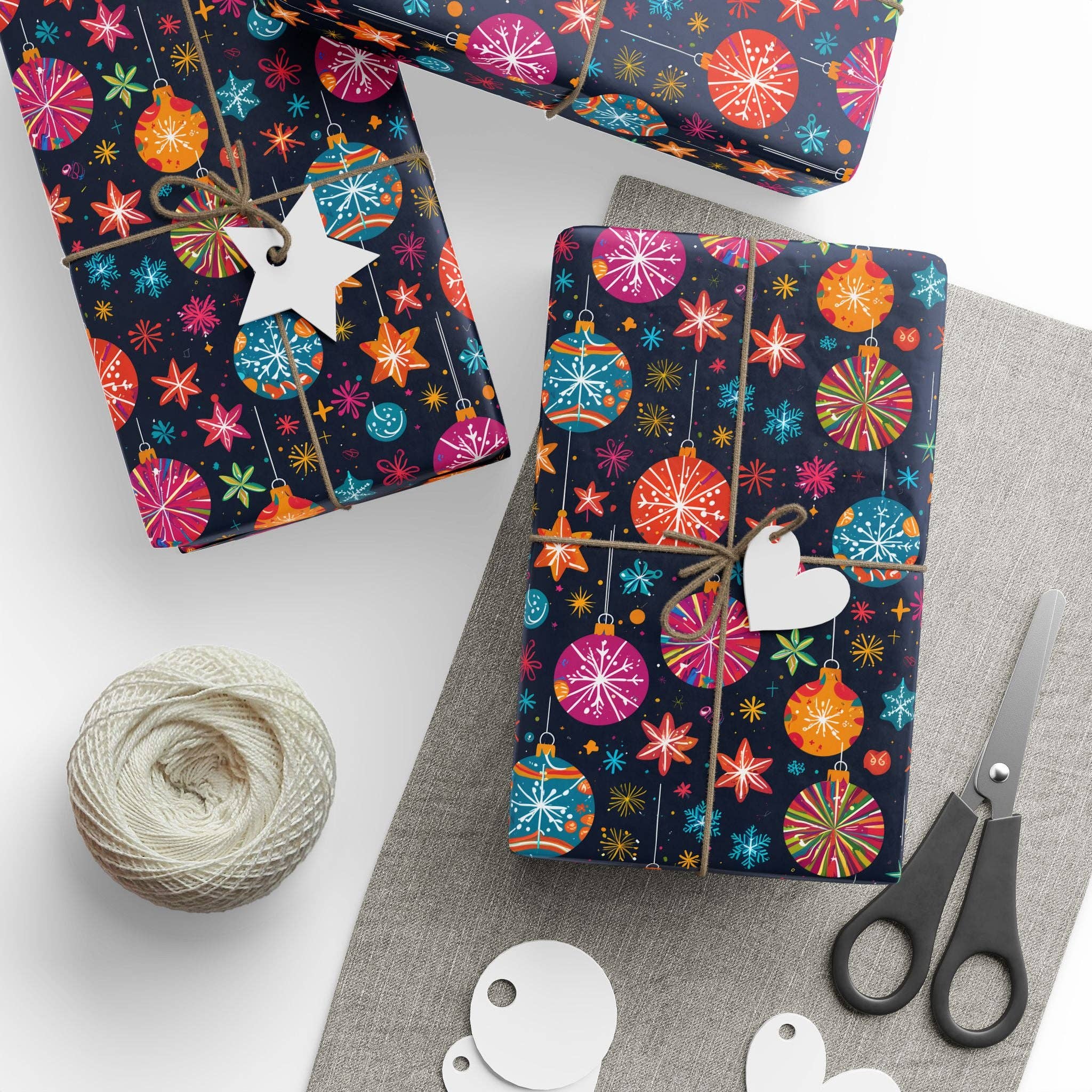 Lokipawz - Wholesale Flat Wrap - Bauble Blitz – Neon Ornament Holiday Wrapping Paper9