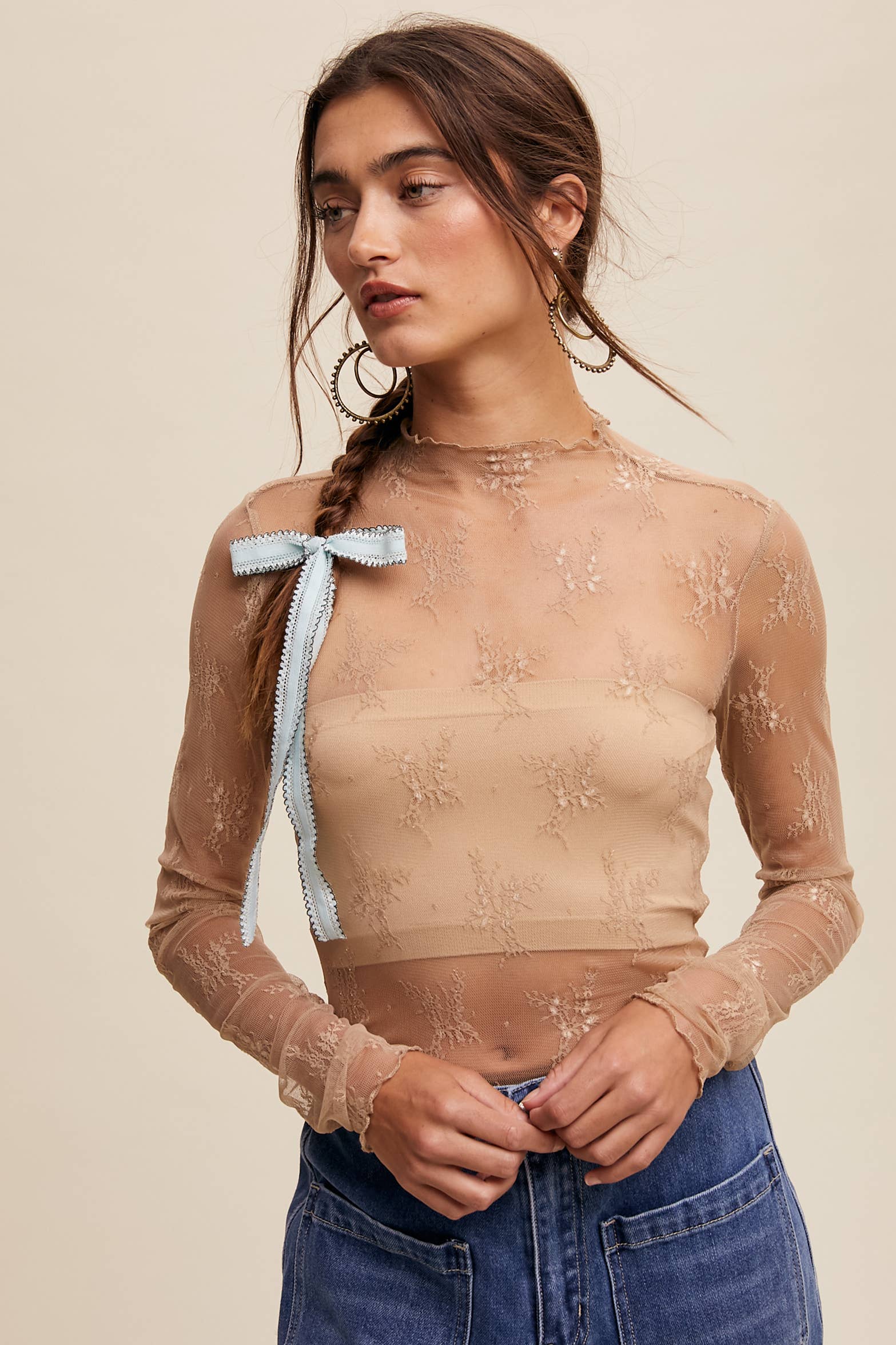 Listicle - Wholesale Blouse - Women's - Sheer Lace Long-Sleeve Top94