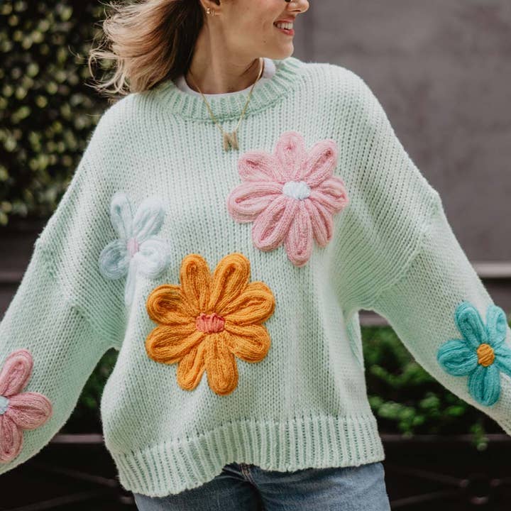 Mint Floral Stitched Winter Sweater for wholesale on Faire