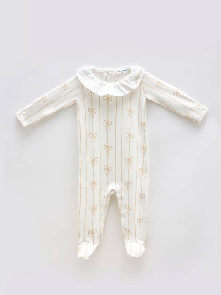 Baby Footed Onesie - Ribbon/Beige for wholesale by Atelier Babbi
