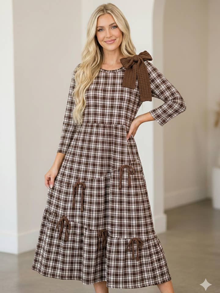 Women's Modest Empire Tiered Midi Dress with Bow Accent for wholesale by Celeste Clothing