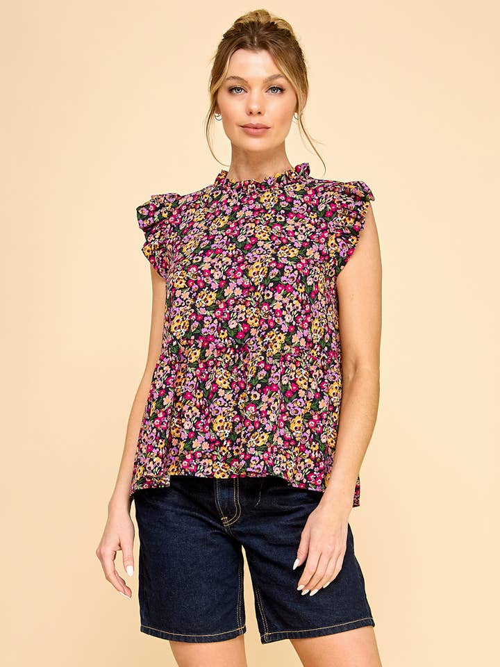 Black Floral Printed Top with Ruffled Neck and Sleeves for wholesale on Faire