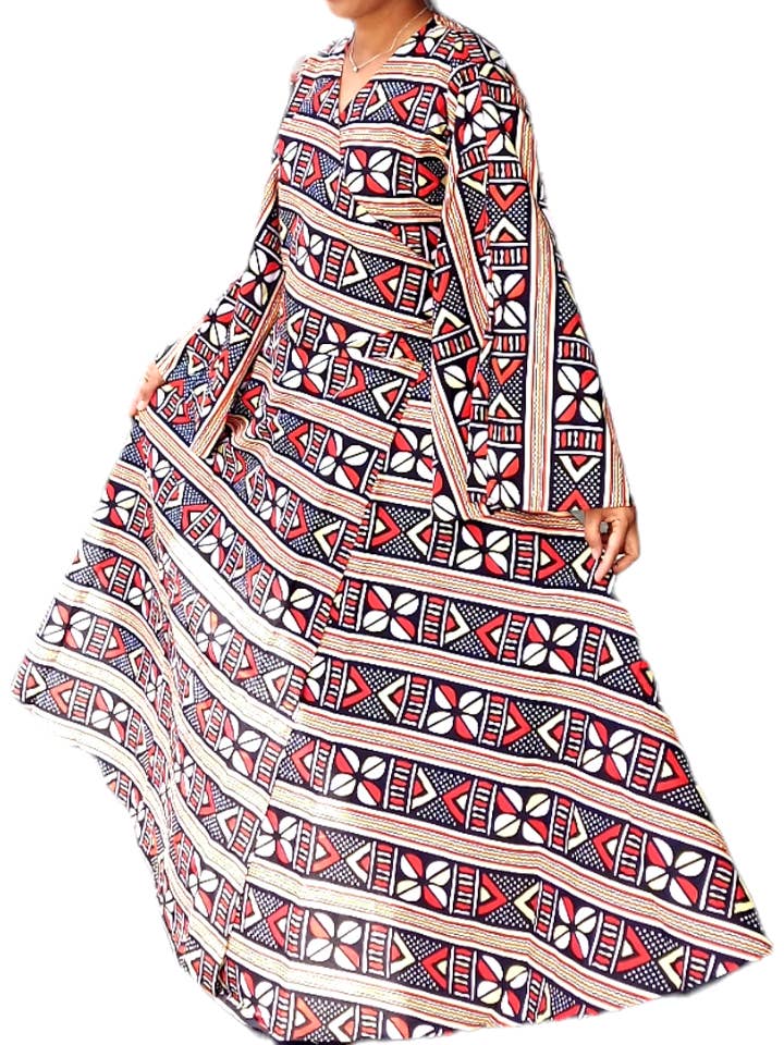 1014- Women Long Printed Sleeveless Wrap Dress/ Long Bell Sleeves-Black Tribal for wholesale by India Batik