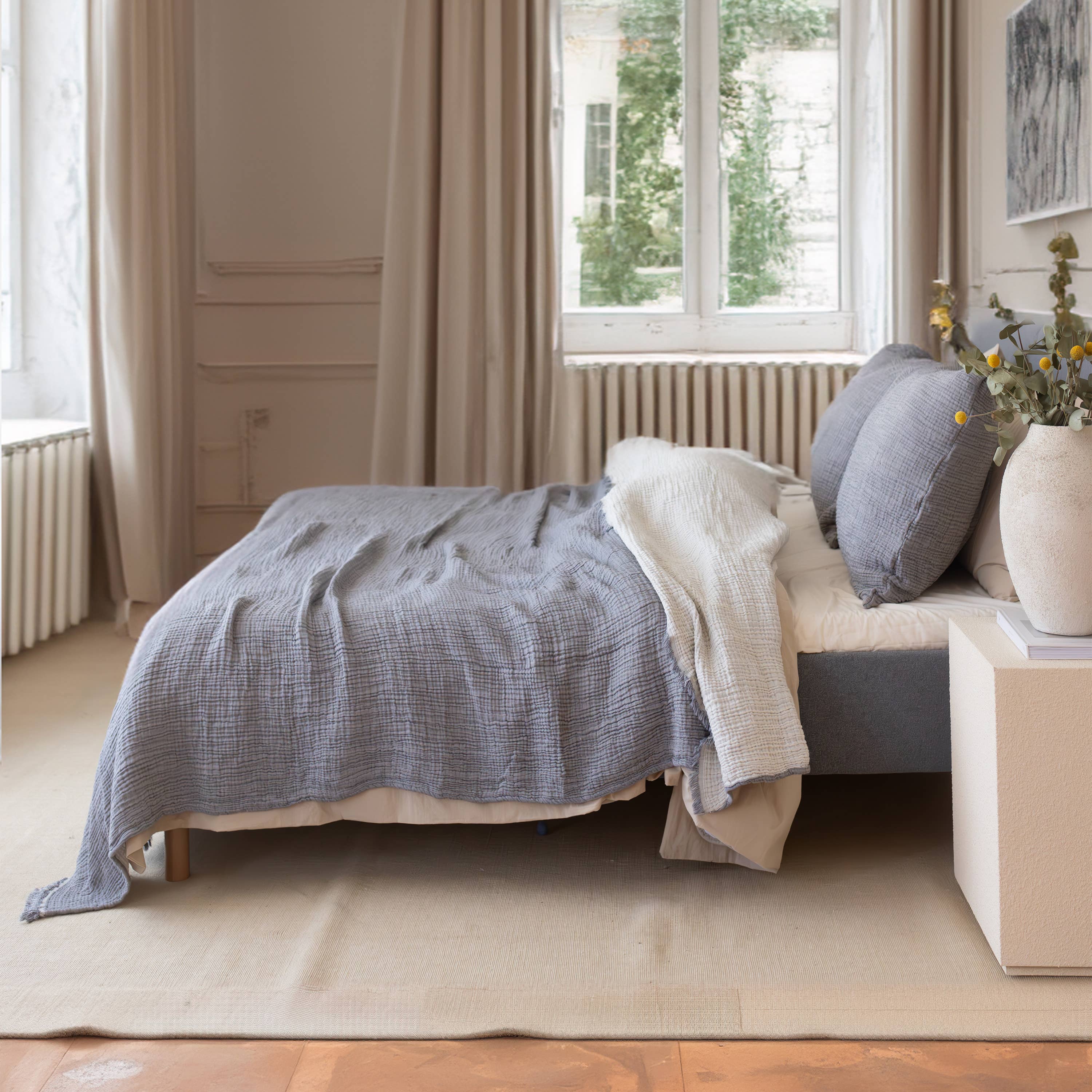 Vivamaison - Vente Plaids - Couvre-lit en mousseline frangé 100 % coton doux, 4 couches premium31