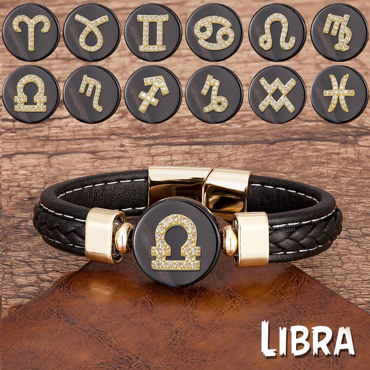 Vintage Zodiac Leather Cord Braided Bracelet for wholesale by Gemcohub