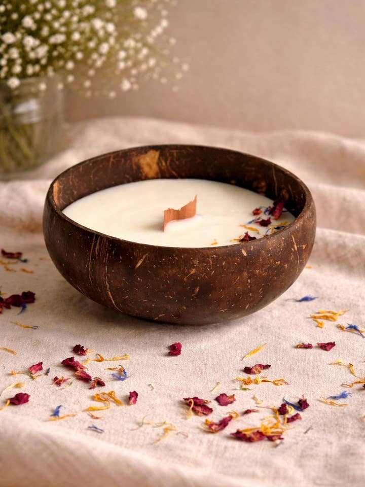 Coconut Shell Scented Soya Wax Candle With Wooden Wick for wholesale by The lines studio
