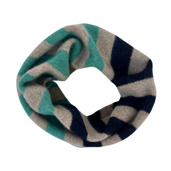 Merino Jade Navy Stripe Snood for wholesale by Penny Grace Knitwear