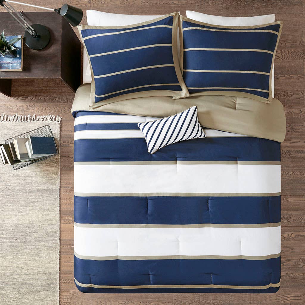 Olliix - Wholesale Bedding Set - Stripes 4-Piece Comforter/Duvet Cover Set, Navy Blue/Khaki2