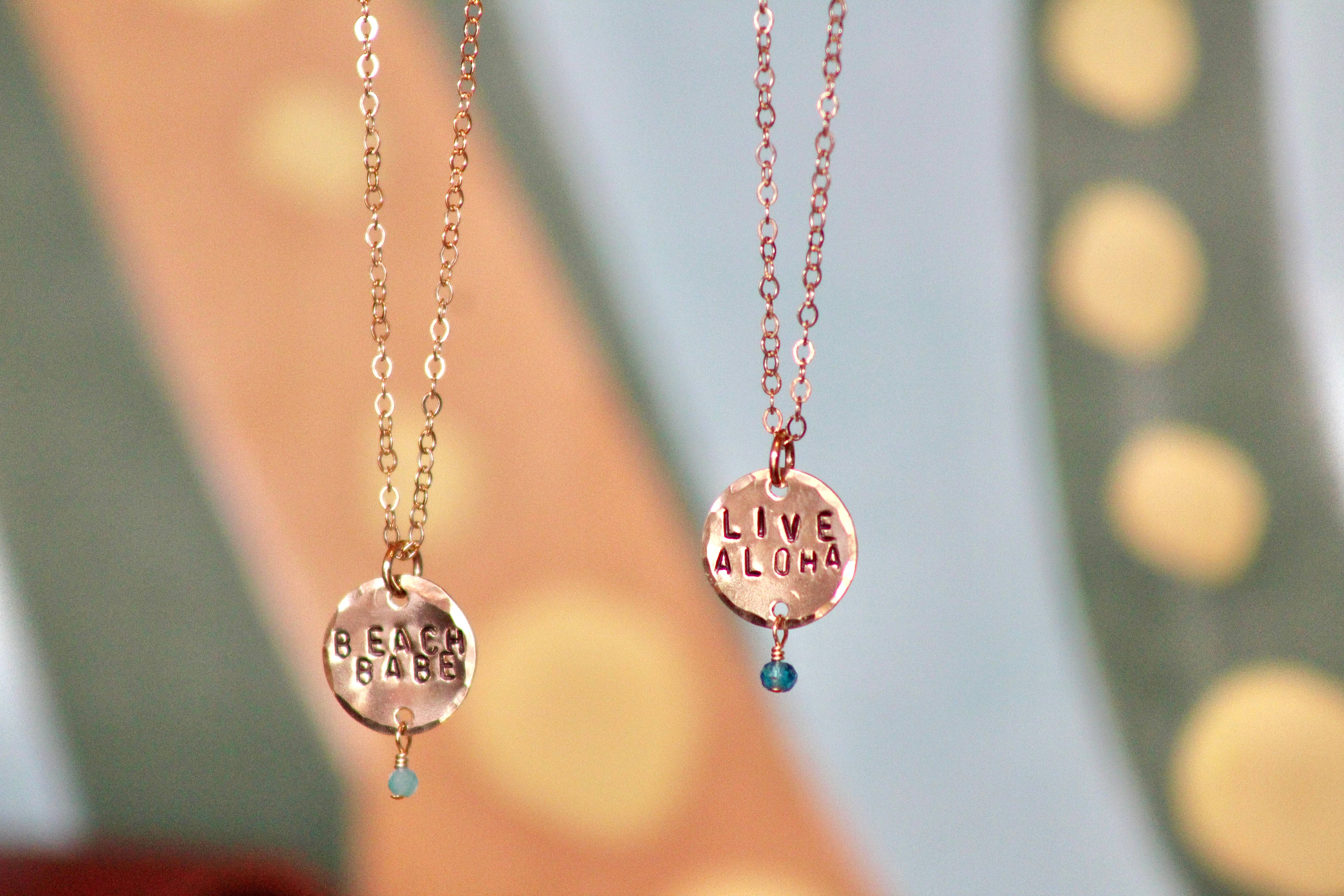 Beach Babe Hawaii - Wholesale Pendant/Charm Necklace - Custom Hand Stamped Coin Necklace with Gemstone2