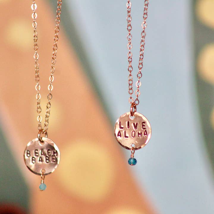 Beach Babe Hawaii - Wholesale Pendant/Charm Necklace - Custom Hand Stamped Coin Necklace with Gemstone2