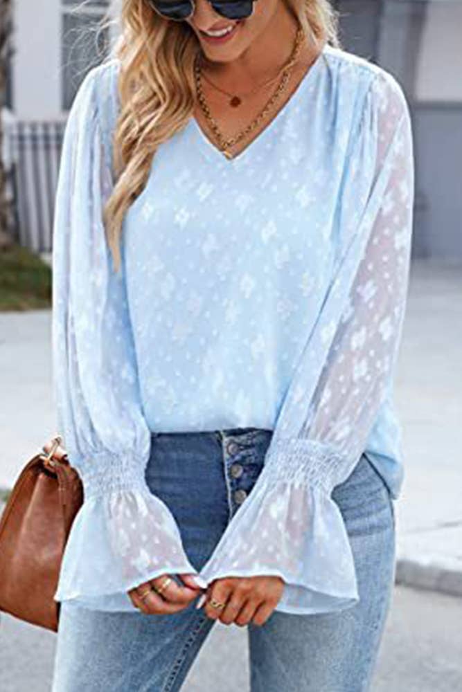 UNISHE - Wholesale Blouse - Women's - V Neck Lace Sheer Flare Sleeves Blouse AXR0051
