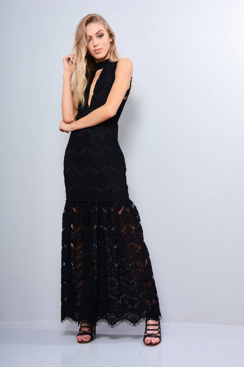 LoveMyStyle - Wholesale Dress - Women's - Lovemystyle Crochet Maxi Dress With Choker Collar In Black