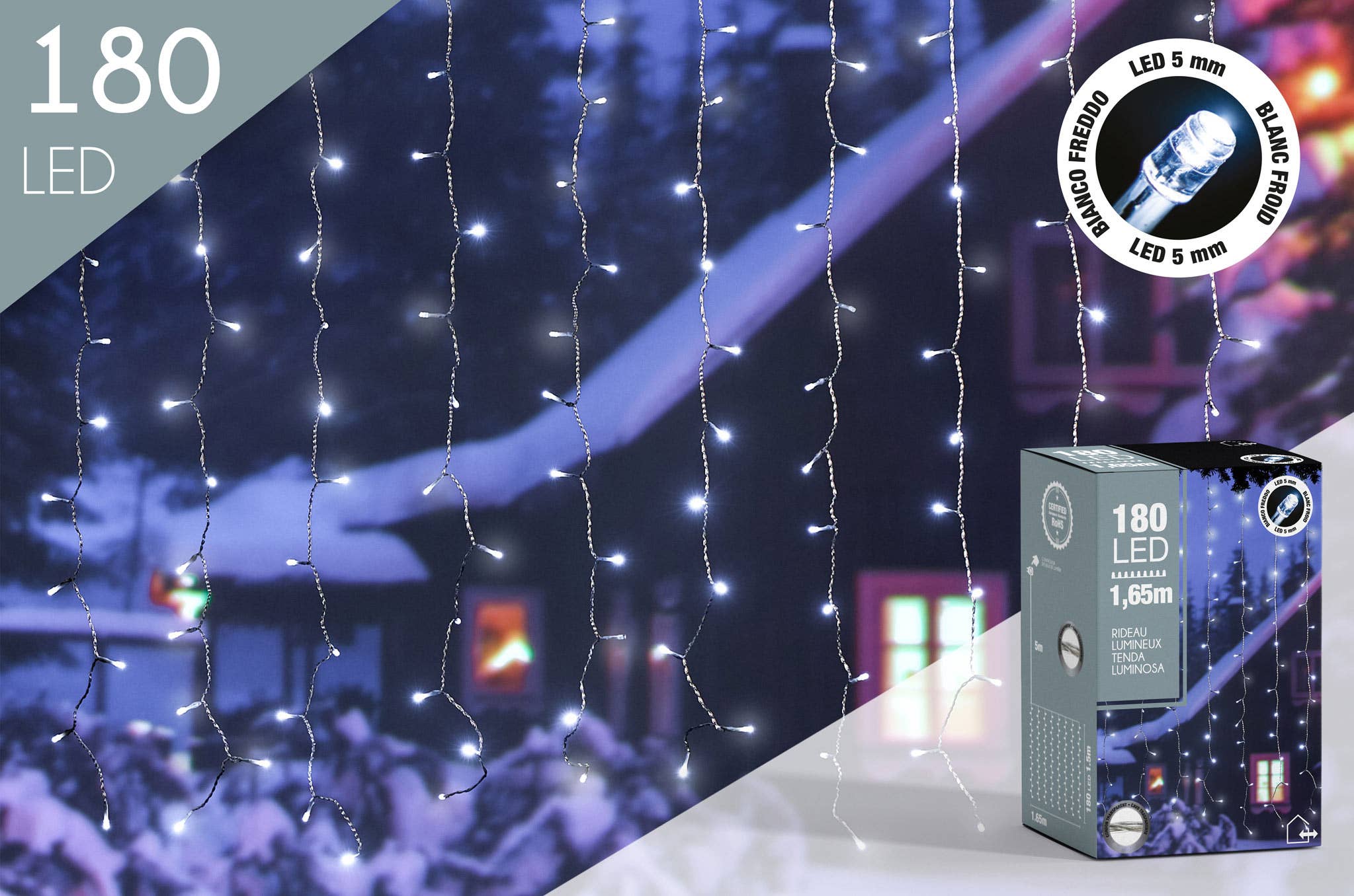 CP INTERNATIONAL - Wholesale String Lights - Curtain 180 LED 5mm Cold White L.1.65M Transparent Wire #15850