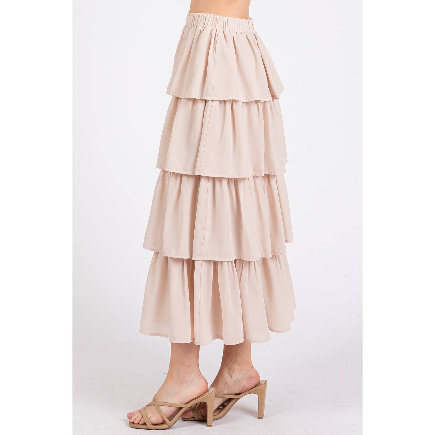 mittoshop – Engroshandel Nederdel - Dame – CHIFFON VOLANT LAGDELT ELASTISK TALJE MIDI NEDERDEL8