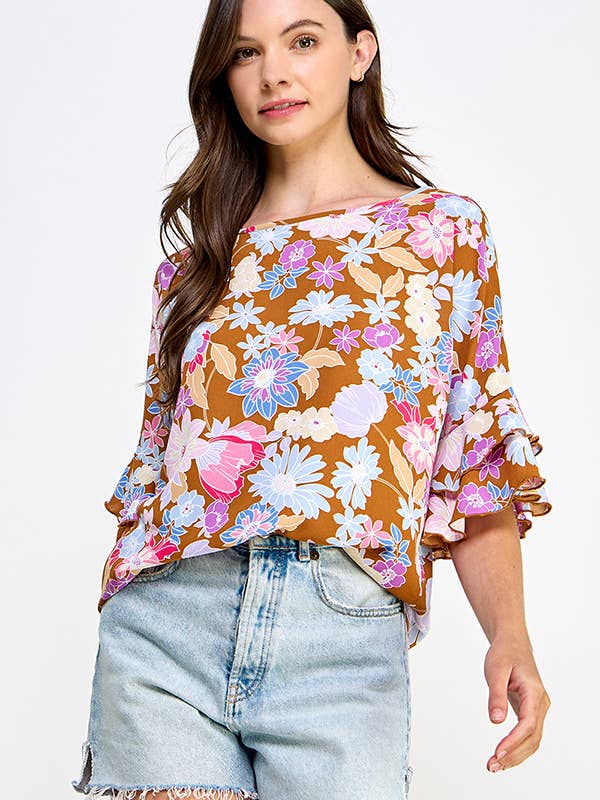 Vævet Blomstret Print Lagdelt Ruffle ærme Top for engroshandel hos Melon Fashion