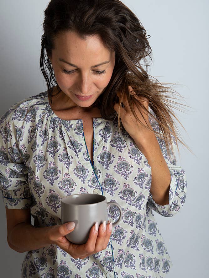 The Kitty. Pure cotton feminine crew neck button down pj set for wholesale by Loungewear by I am in pajamas