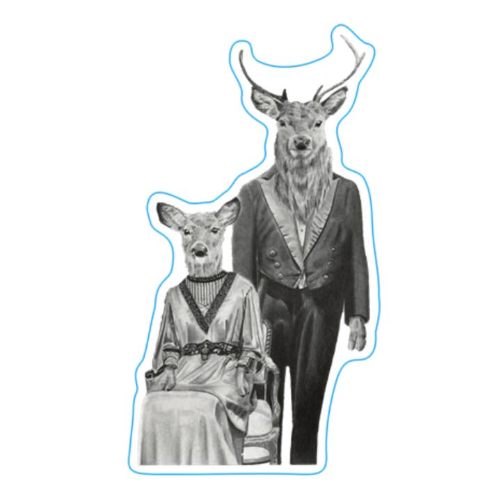 Stag and Doe Sticker. Unique Victorian style animal drawing for wholesale by Keith Harrop - Pencil Art