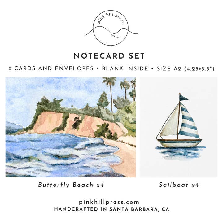 Set di cartoline vuote ad acquerello con spiaggia e barca a vela, confezione da 8 carte. per la vendita all'ingrosso da parte di Pink Hill Press