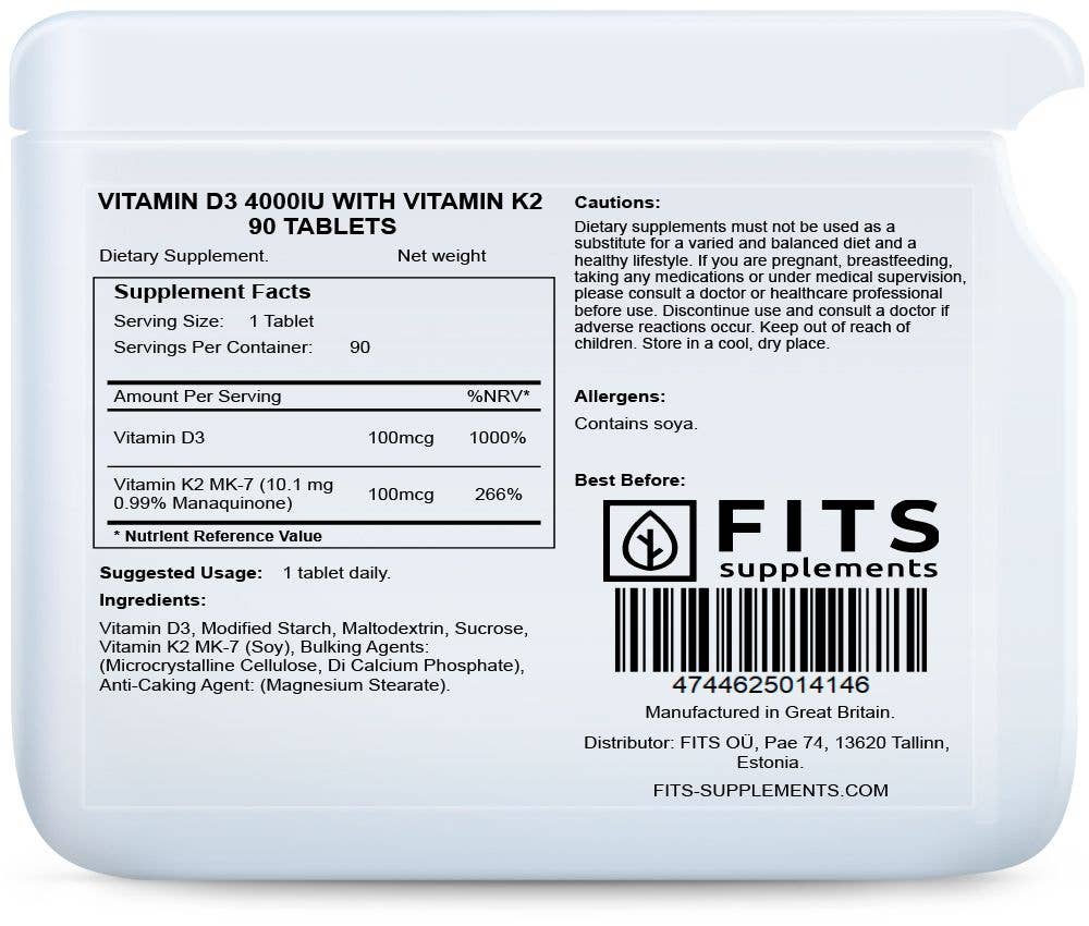 FITS – wholesale Oralt tillskott/Vitamin – Vitamin D3 4000 IE med vitamin K2, 90 tabletter1