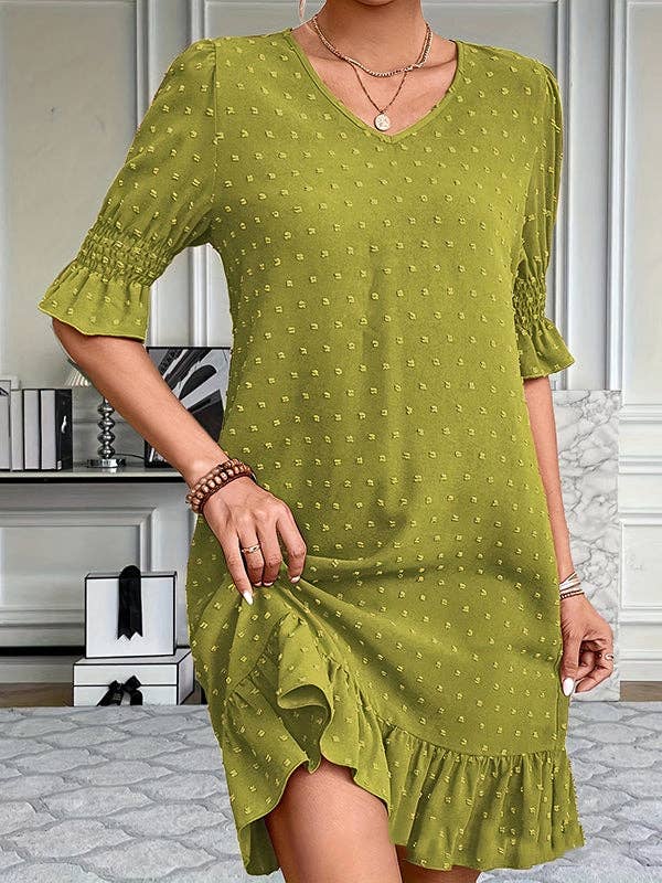 Plush Looks – Großhandel Kleid – Damen – A-Linien-Minikleider mit ausgestellten Ärmeln und elastischem Jacquardplissee, einfarbig, mit geteilten Gelenken und V-Ausschnitt15