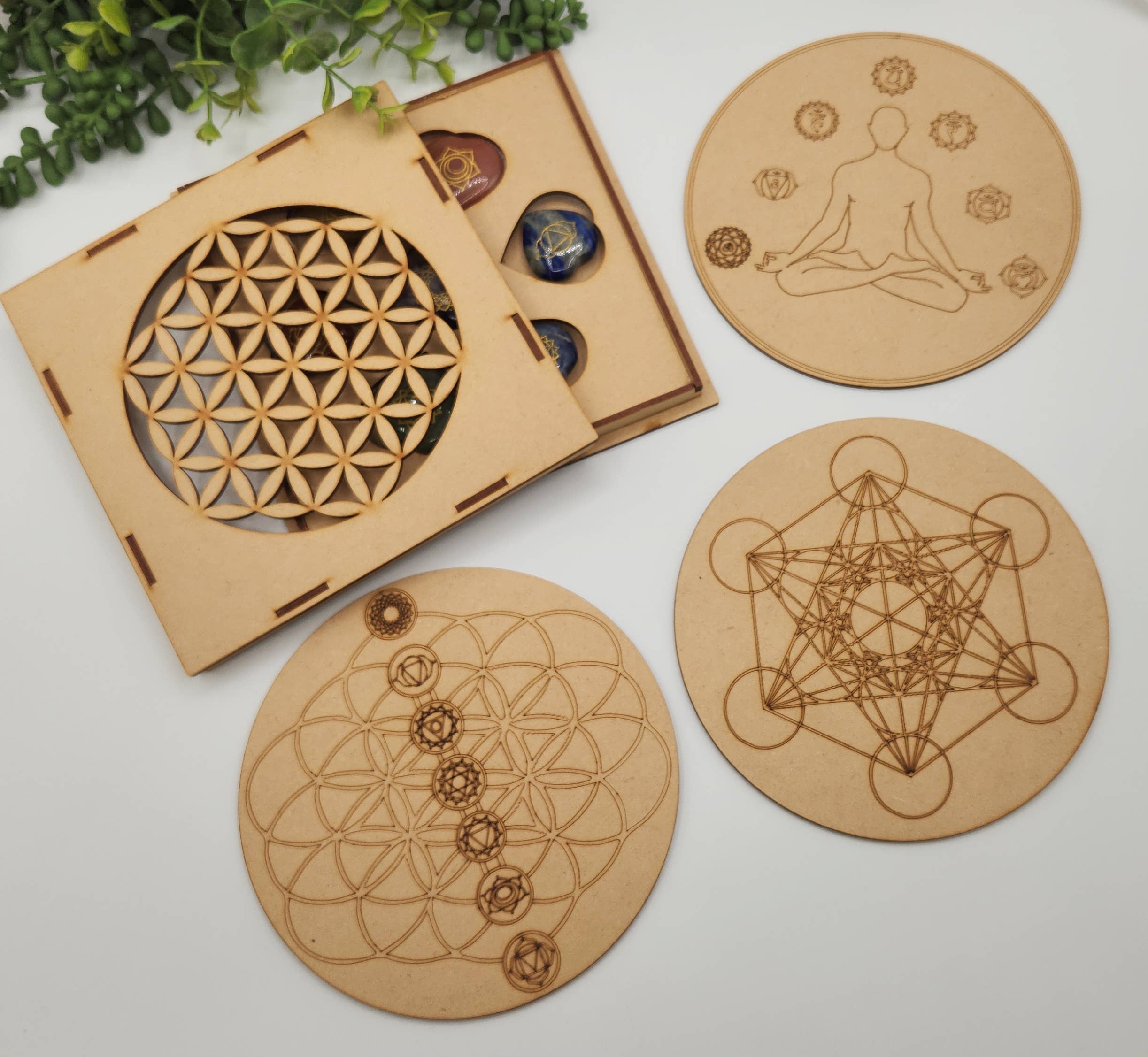 Meraki Gemstones - Wholesale Spiritual Stone/Crystal - Chakra Crystal Set-Palmstone Shape-Yoga/Meditation Box-Wood9