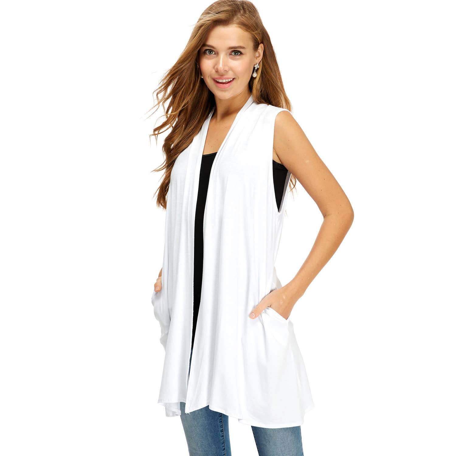 Azules Clothing - Wholesale Outerwear Vest - Women's - Women's Long Sleeveless Vests with Side Pockets'5